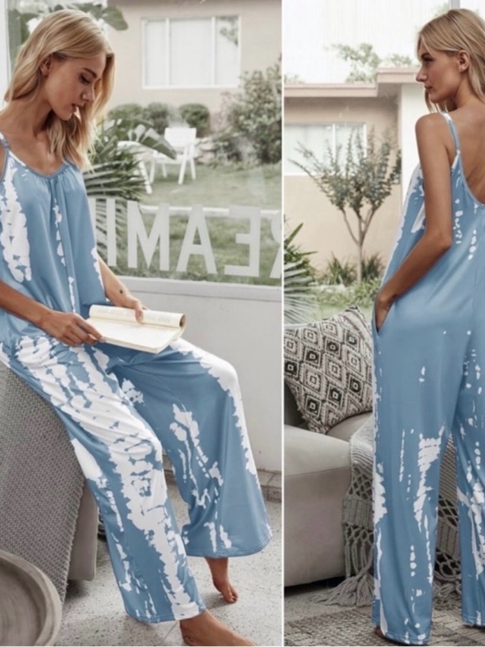 Blue and White Wide Leg Jumpsuit - Picture 2 of 4